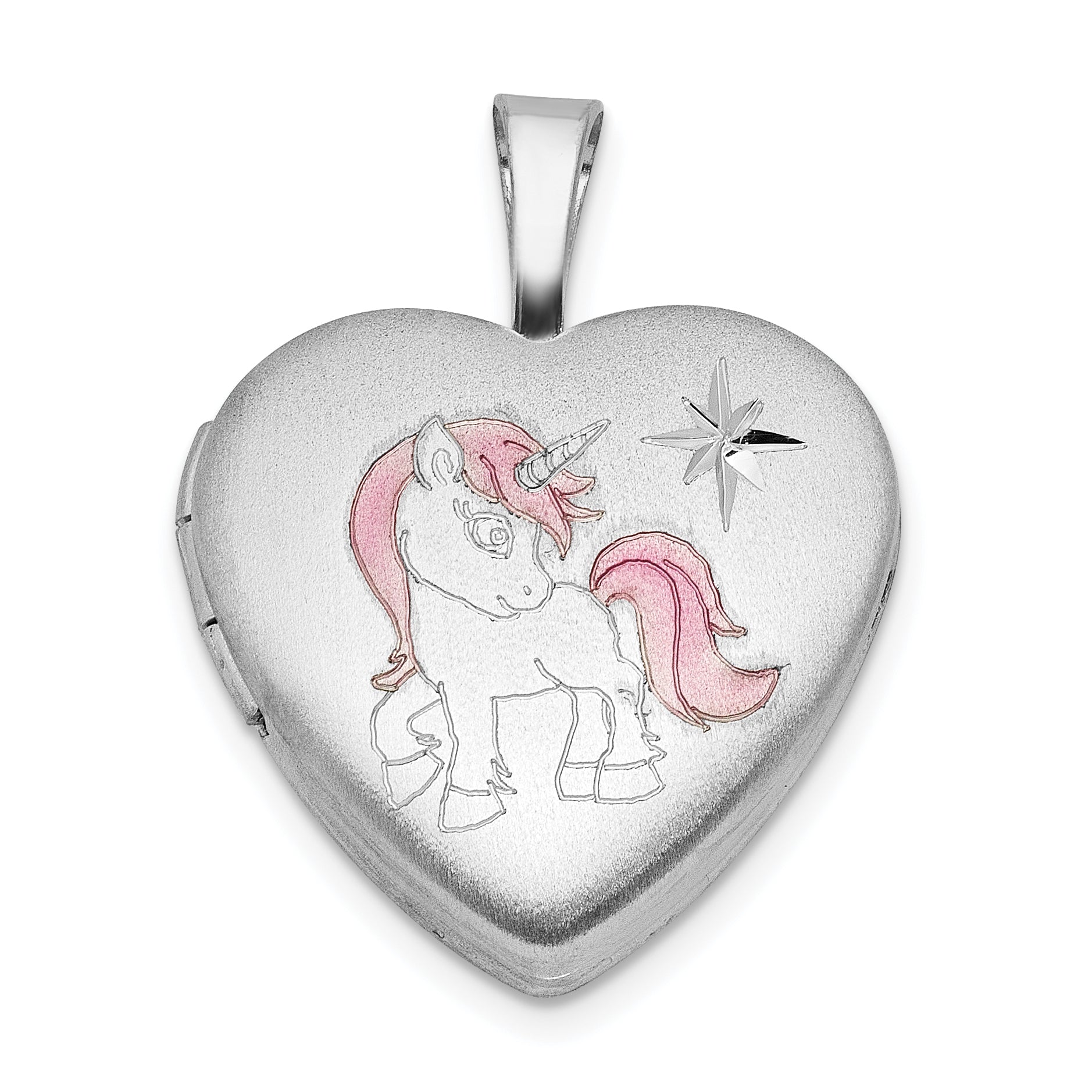 Sterling Silver RH-plated Epoxy Satin Polished Unicorn 16mm Heart Locket Main image