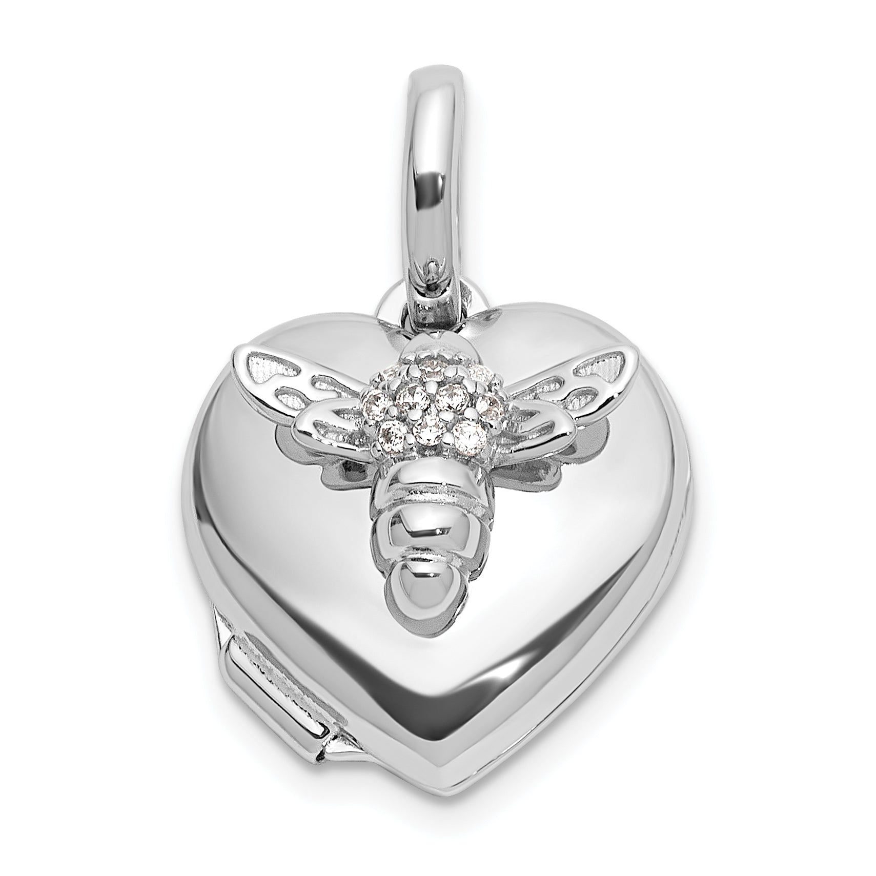 Sterling Silver Rhodium-plated Polished 12mm CZ Bee Heart Locket Main image