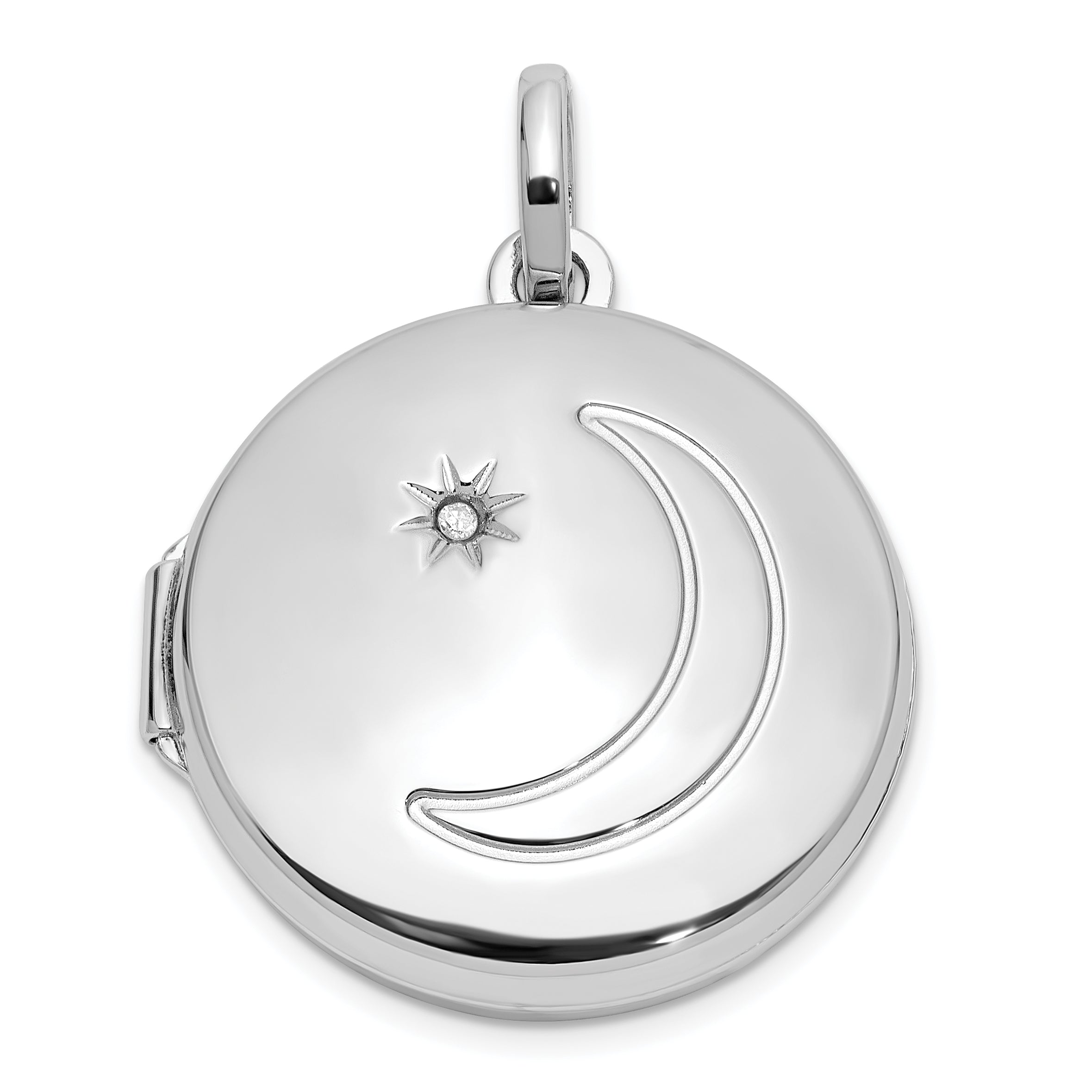 Sterling Silver Rhodium-plated 20mm Diamond Moon/Star Round Locket Main image