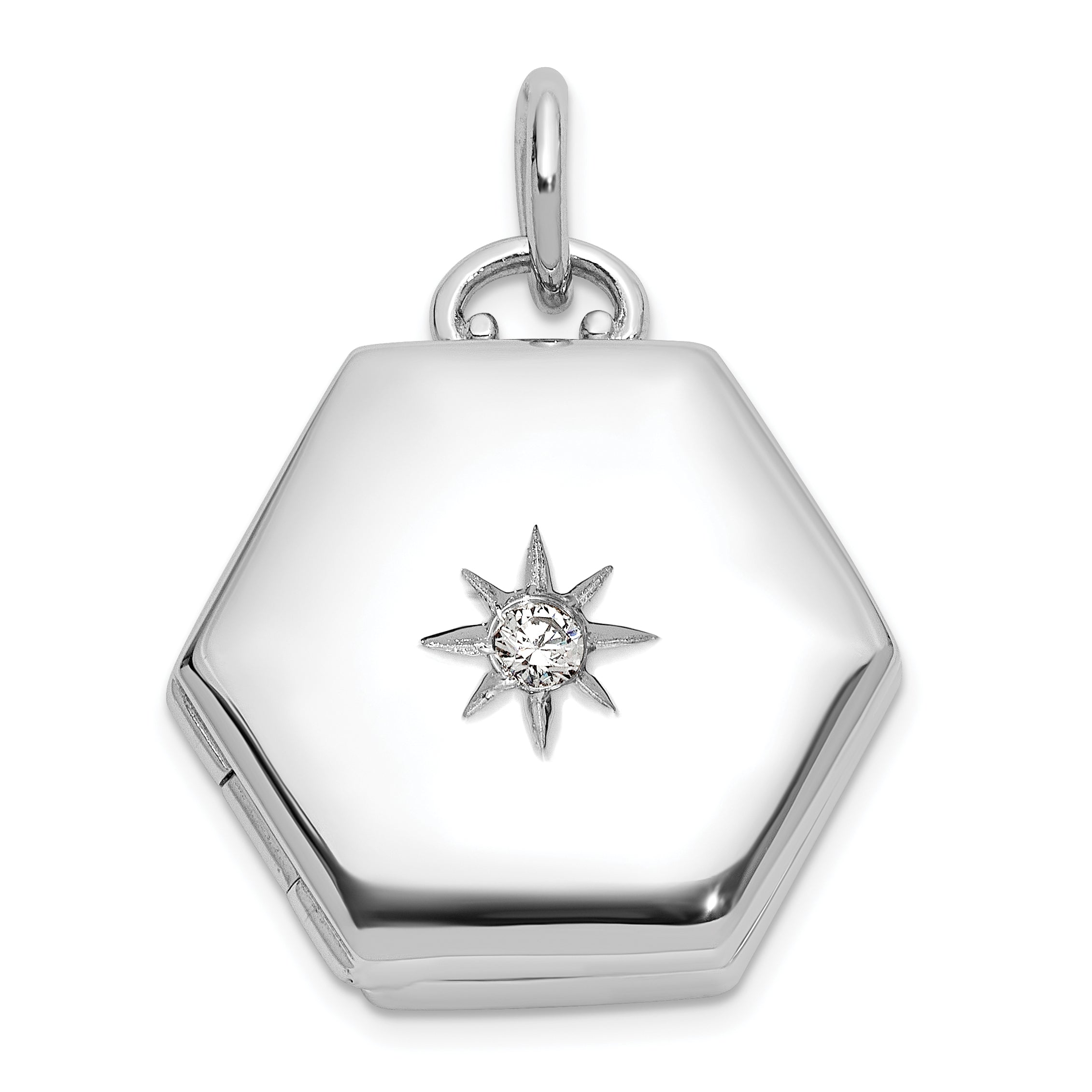 Sterling Silver Rhodium-plated Polished CZ Star 16mm Hexagon Locket Main image