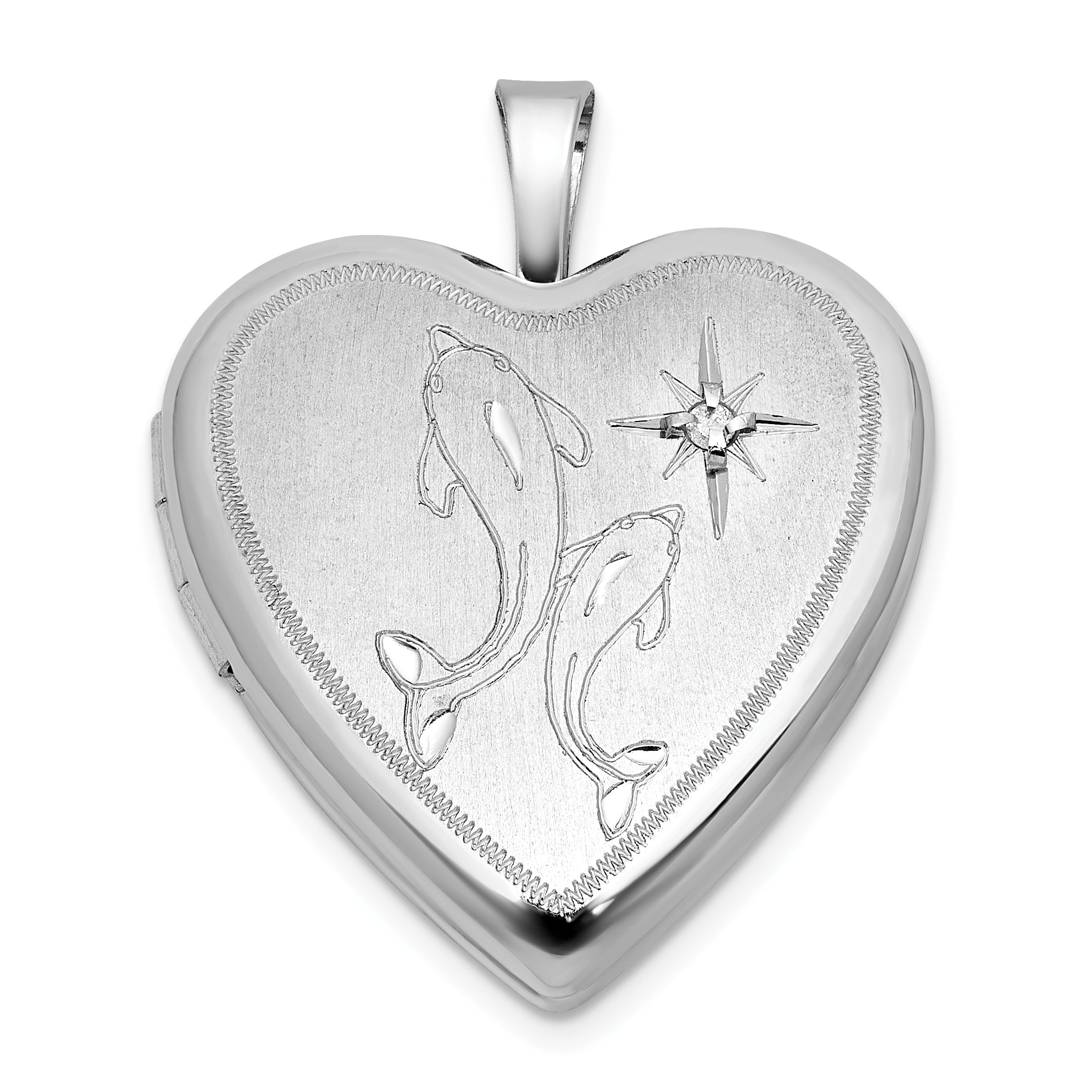 Sterling Silver Rhodium-plated Brushed 1/20 carat Diamond Two Dolphins 20mm Heart Locket Main image