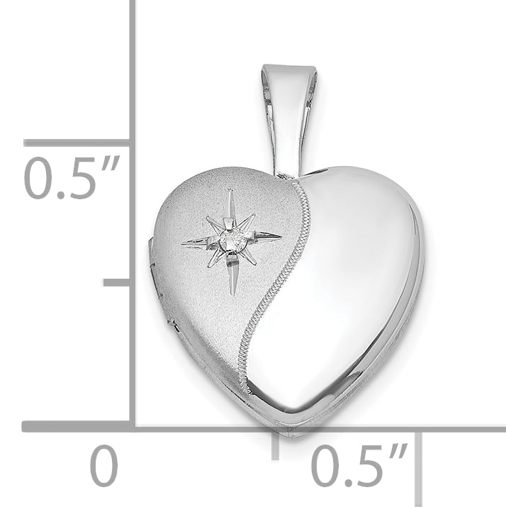 Sterling Silver Rhodium-plated Brushed And Polished 1/20 carat Diamond 12mm Heart Locket