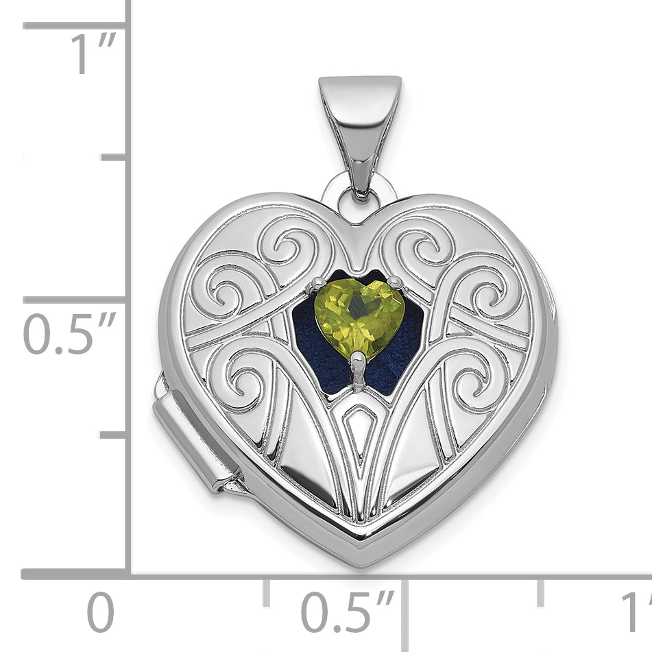 Sterling Silver Rhodium-plated Peridot August Birthstone 18mm Heart Locket