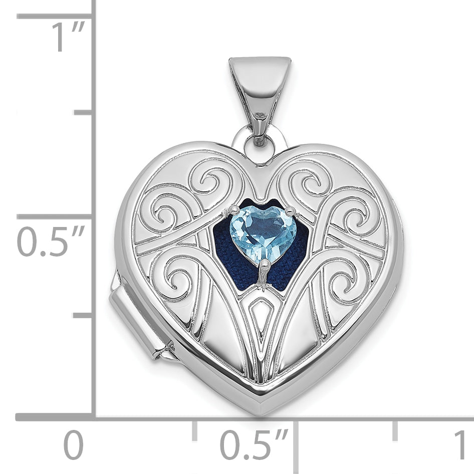 Sterling Silver Rhodium-plated Blue Topaz December Birthstone 18mm Heart Locket