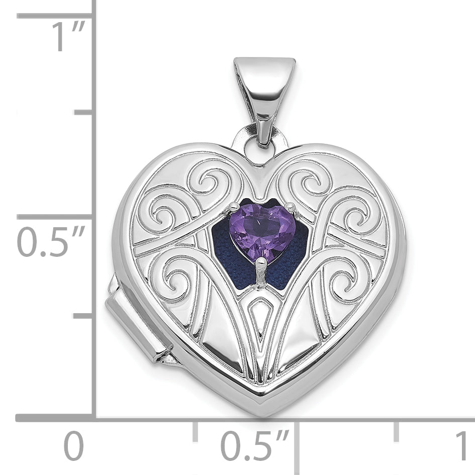 Sterling Silver Rhodium-plated Amethyst February Birthstone 18mm Heart Locket