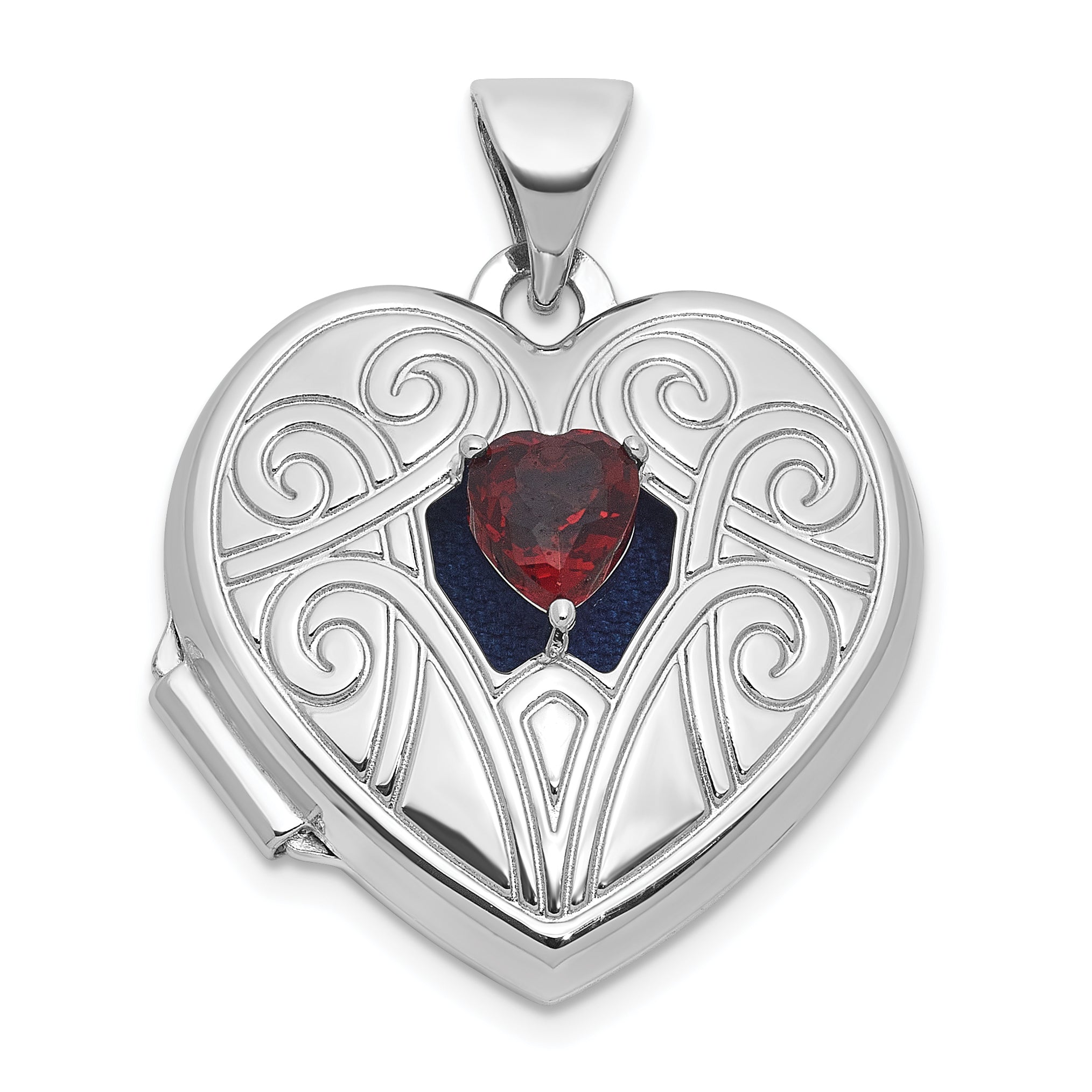 Sterling Silver Rhodium-plated Garnet January Birthstone 18mm Heart Locket Main image