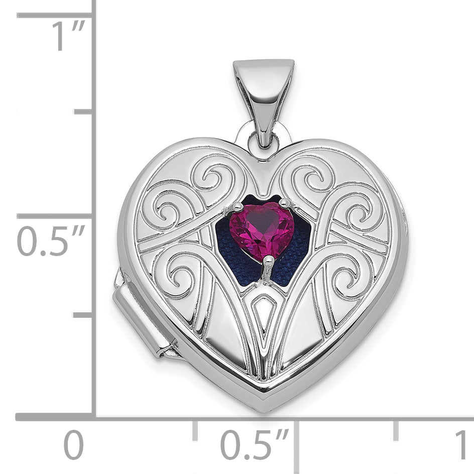 Sterling Silver Rhodium-plated Lab Created Ruby July Birthstone 18mm Heart Locket