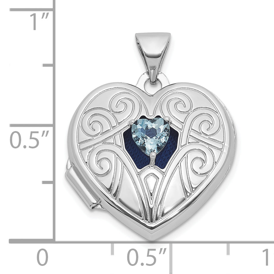 Sterling Silver Rhodium-plated Aquamarine March Birthstone 18mm Heart Locket