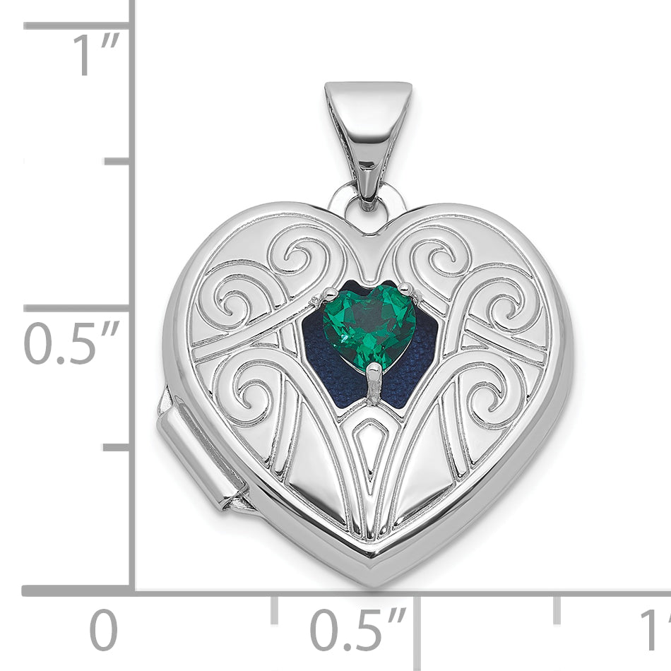 Sterling Silver Rhodium-plated Lab Created Emerald May Birthstone 18mm Heart Locket