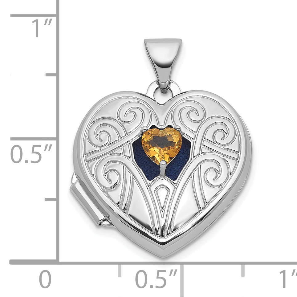 Sterling Silver Rhodium-plated Citrine November Birthstone Heart 18mm Locket