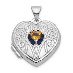 Sterling Silver Rhodium-plated Citrine November Birthstone Heart 18mm Locket