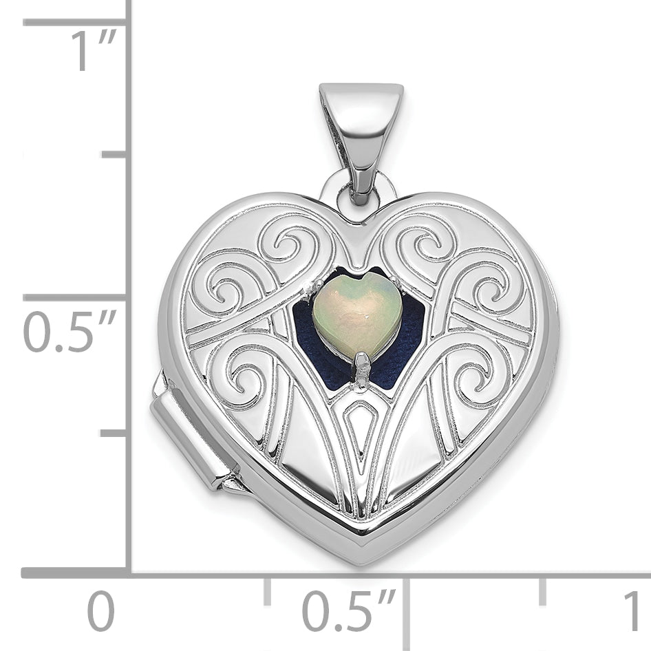 Sterling Silver Rhodium-plated Opal October Birthstone 18mm Heart Locket