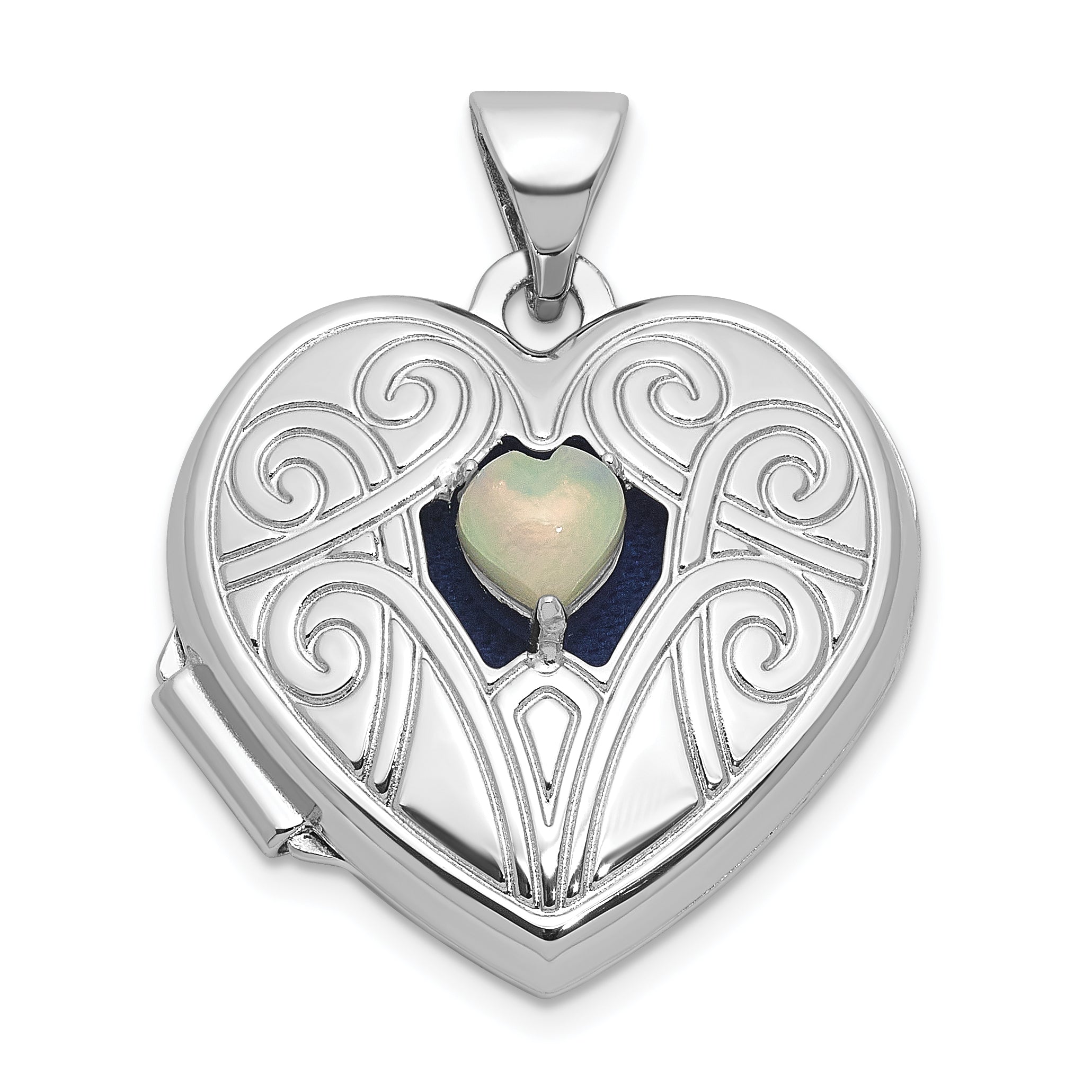 Sterling Silver Rhodium-plated Opal October Birthstone 18mm Heart Locket Main image