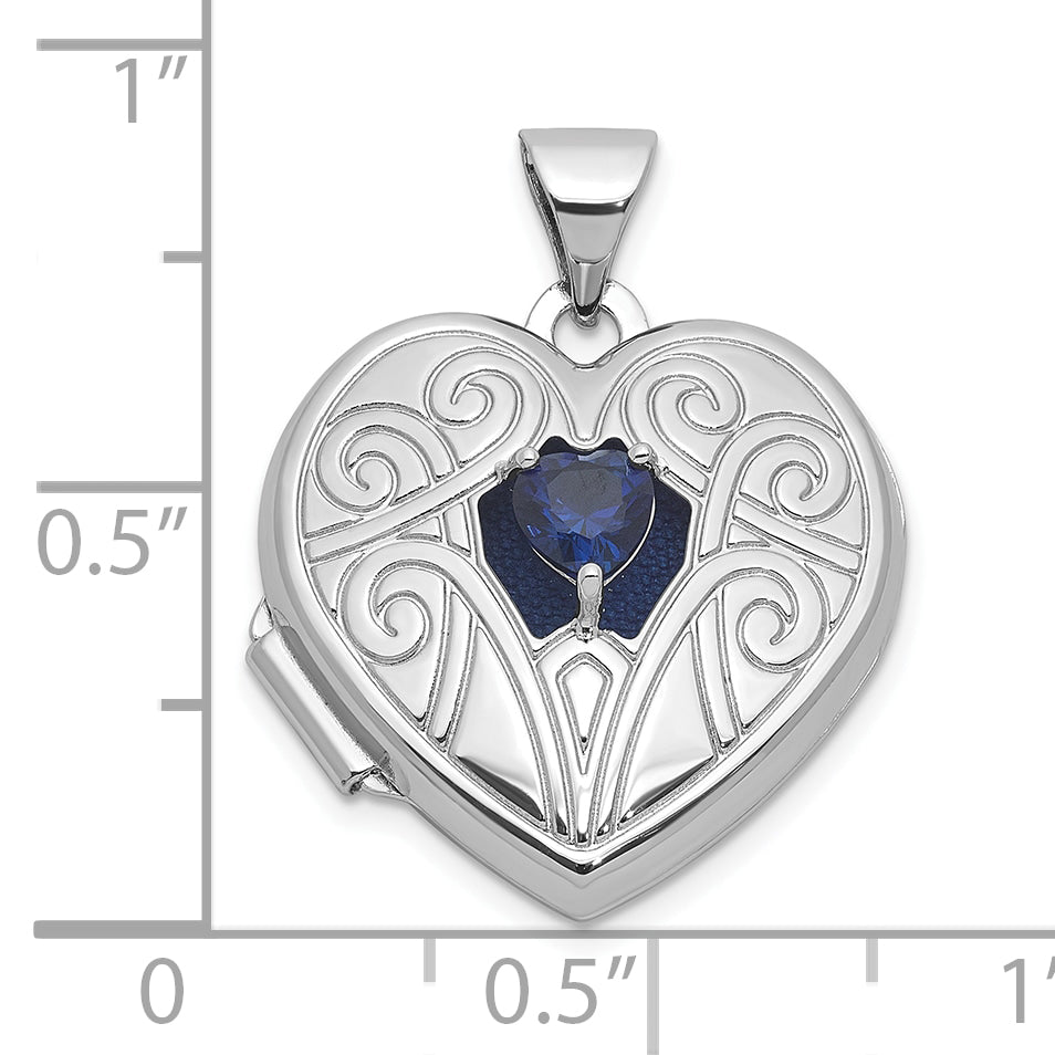 Sterling Silver Rhodium-plated Lab Created Sapphire September Birthstone 18mm Heart Locket