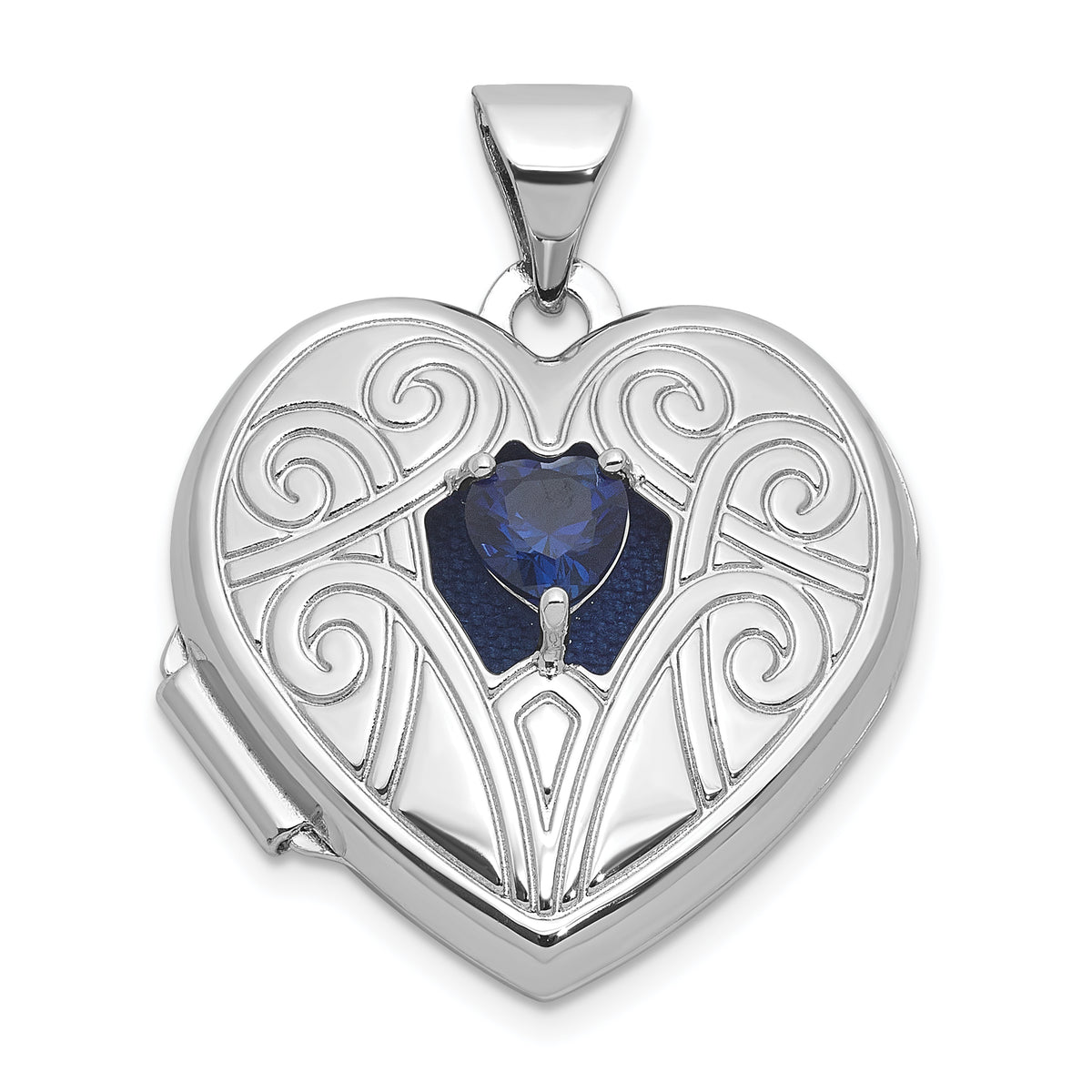 Sterling Silver Rhodium-plated Lab Created Sapphire September Birthstone 18mm Heart Locket