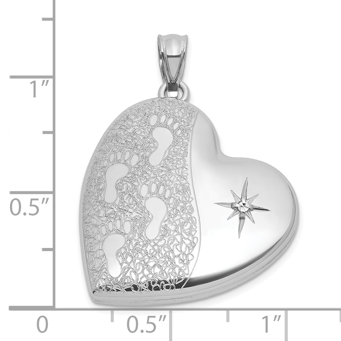 Sterling Silver Rhodium-plated Brushed And Polished 1/20 carat Diamond Foot Prints 24mm Heart Locket
