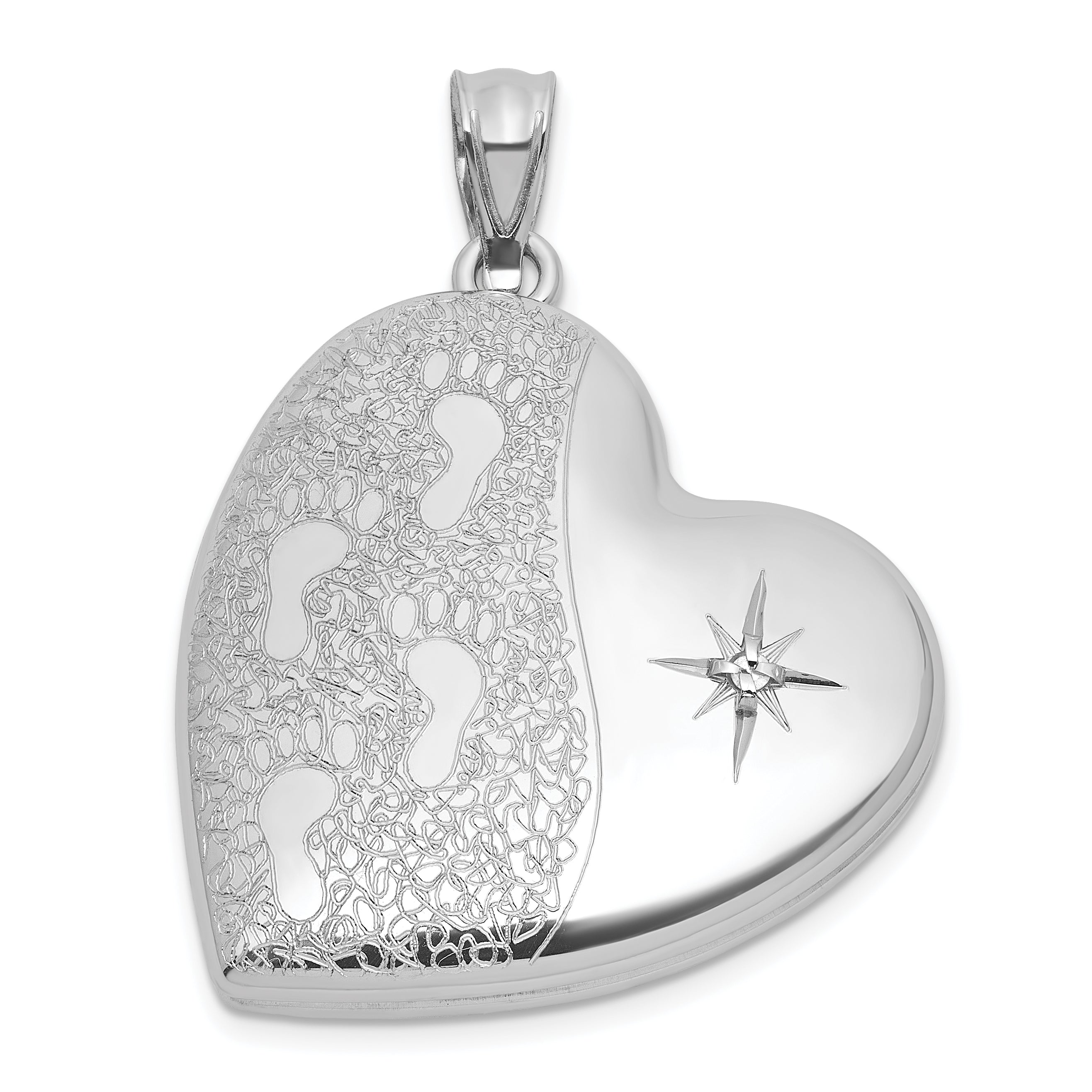 Sterling Silver Rhodium-plated Brushed And Polished 1/20 carat Diamond Foot Prints 24mm Heart Locket Main image