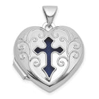 Sterling Silver Rhodium-plated Open Cross with Blue Fabric Interior 18mm Heart Locket