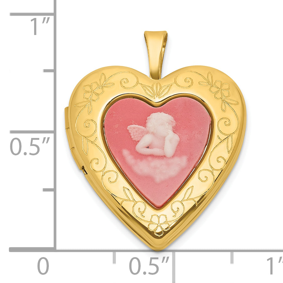 Sterling Silver Gold-plated Polished Front/Brushed Back Pink Angel Resin Cameo 20mm Heart Locket
