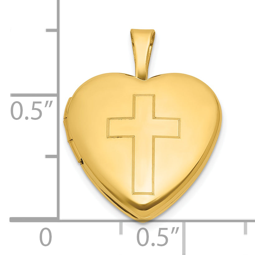 Sterling Silver Gold-plated Polished Front/Brushed Back Engraved Cross 16mm Heart Locket