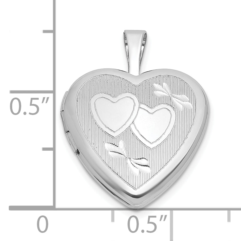 Sterling Silver Rhodium-plated Polished Front/Brushed Back Diamond-cut Twin Hearts 16mm Heart Locket