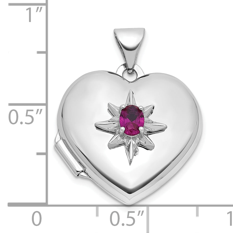 Sterling Silver Rhodium-plated Lab Created Ruby 18mm Starburst Heart Locket