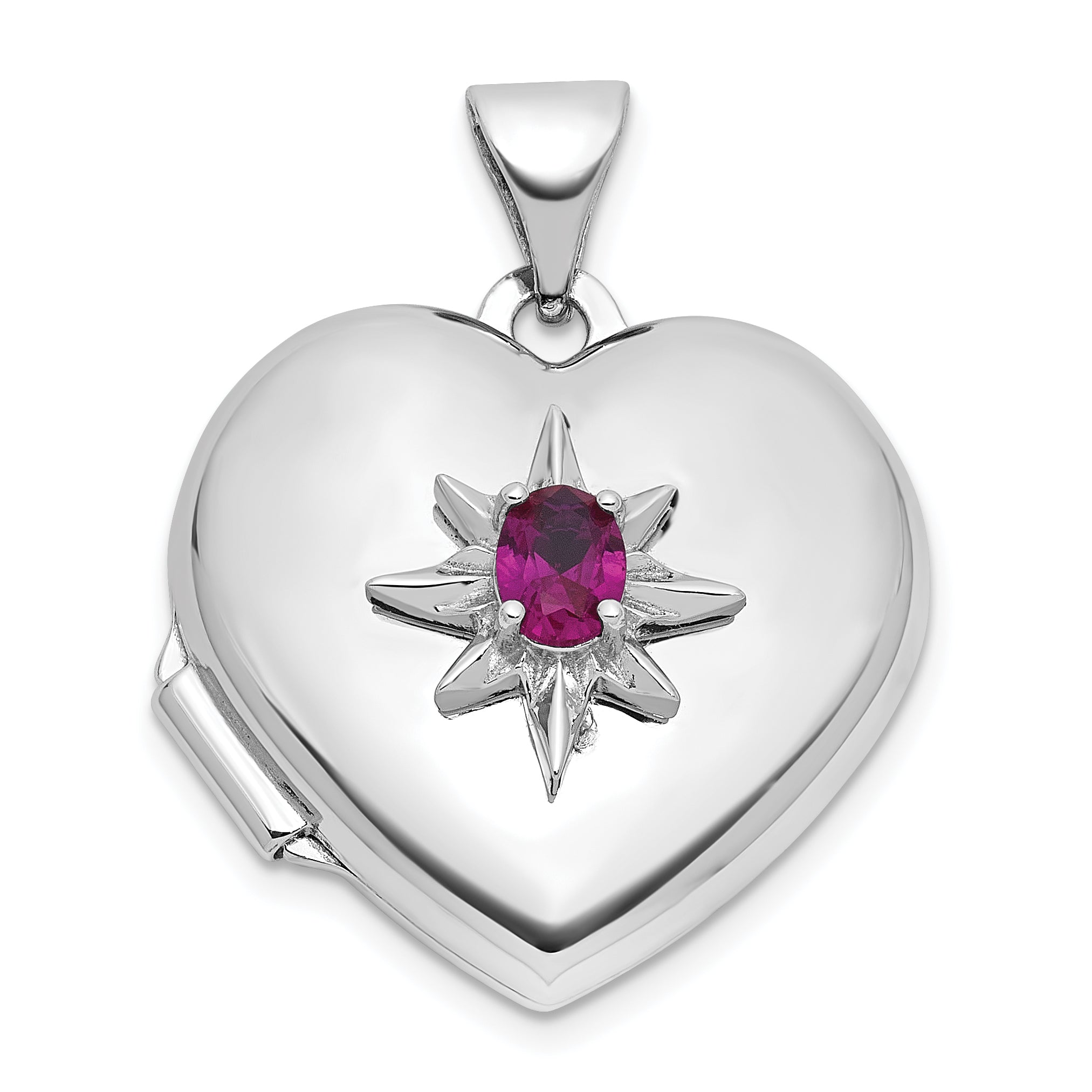 Sterling Silver Rhodium-plated Lab Created Ruby 18mm Starburst Heart Locket