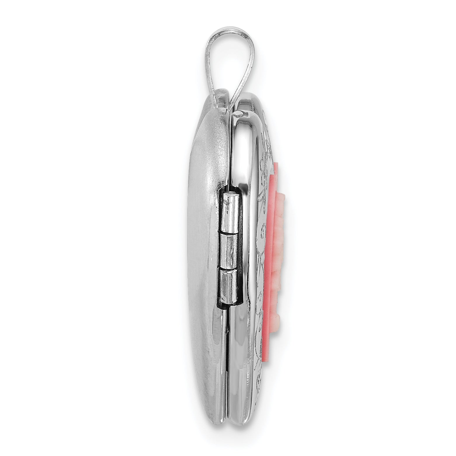 Sterling Silver Rhodium-plated Polished Front/Brushed Back Pink Flowers Resin Cameo 20mm Heart Locket Secondary image