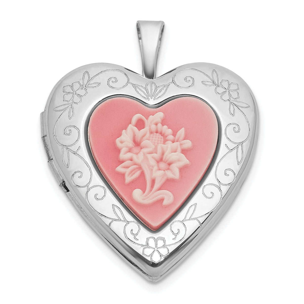 Pink Flowers Resin Cameo Heart Locket in Sterling Silver, 25mm - Sophia Jewelers Main image