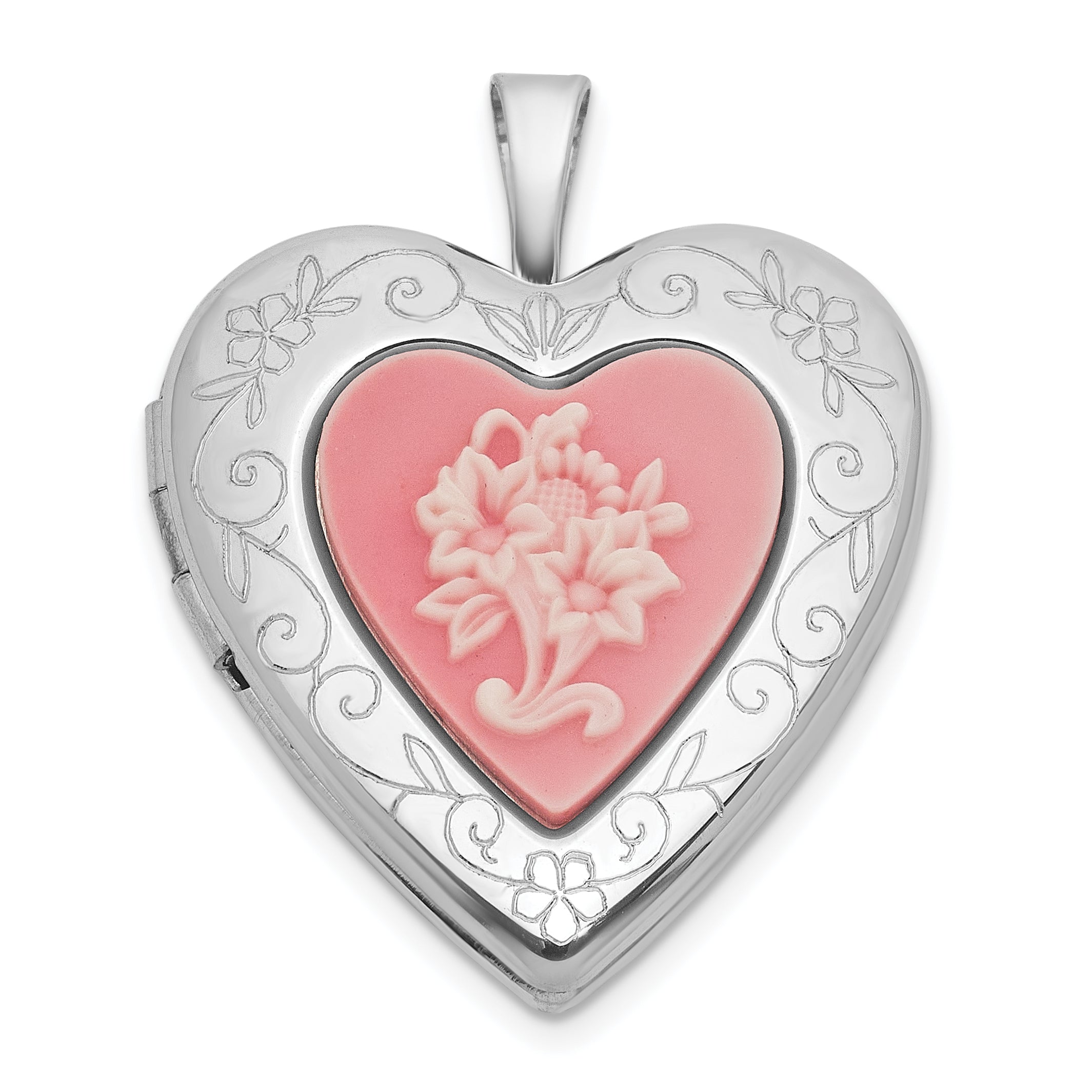 Sterling Silver Rhodium-plated Polished Front/Brushed Back Pink Flowers Resin Cameo 20mm Heart Locket Main image