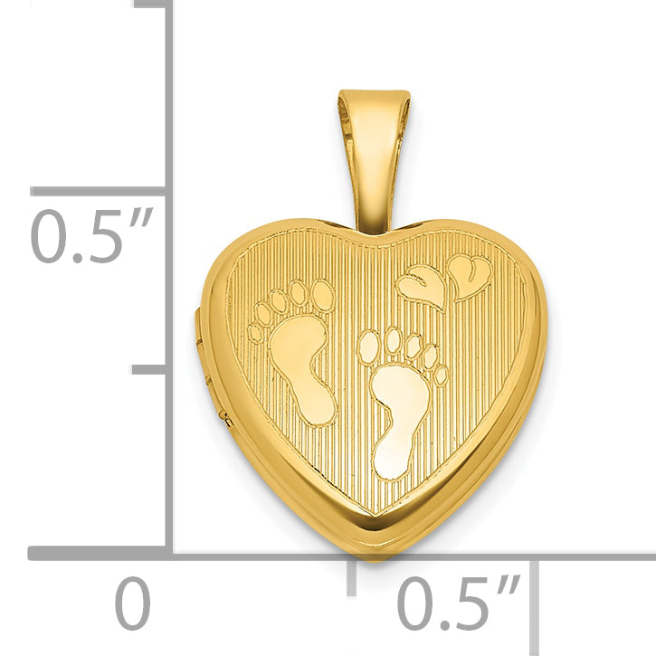 Sterling Silver Gold-plated Polished Front/Brushed Back Foot Prints with Hearts 12mm Heart Locket