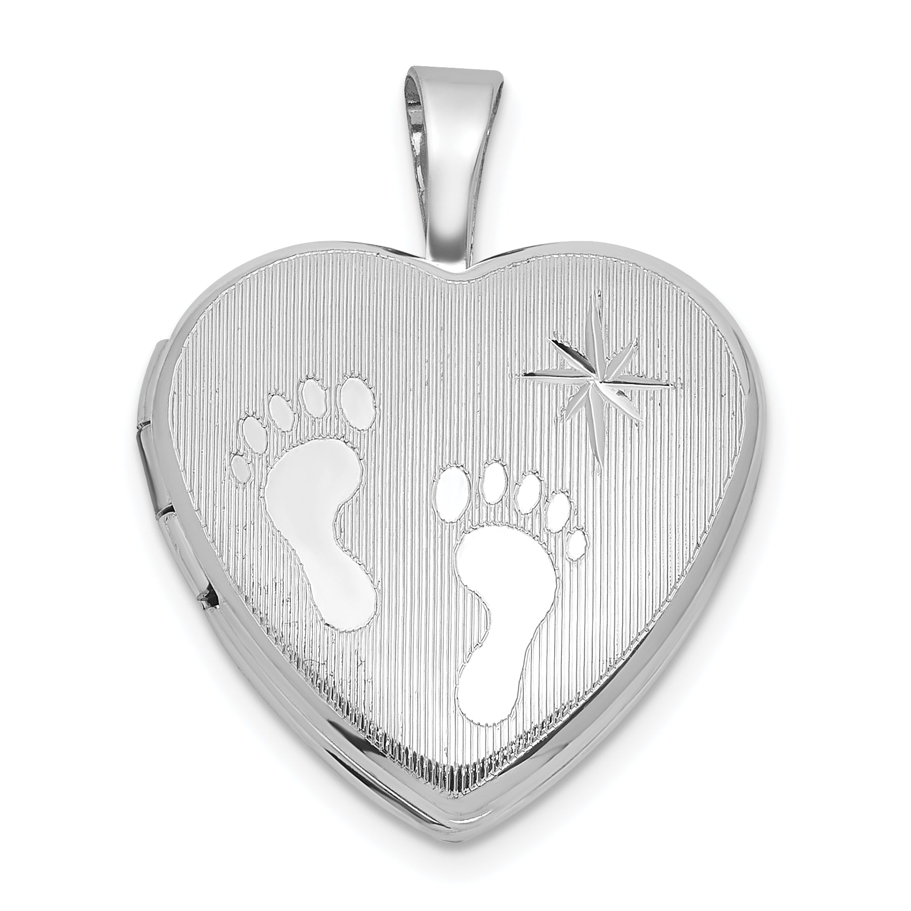 Sterling Silver Rhodium-plated Polished Front/Brushed Back Foot Prints with Star 16mm Heart Locket Main image