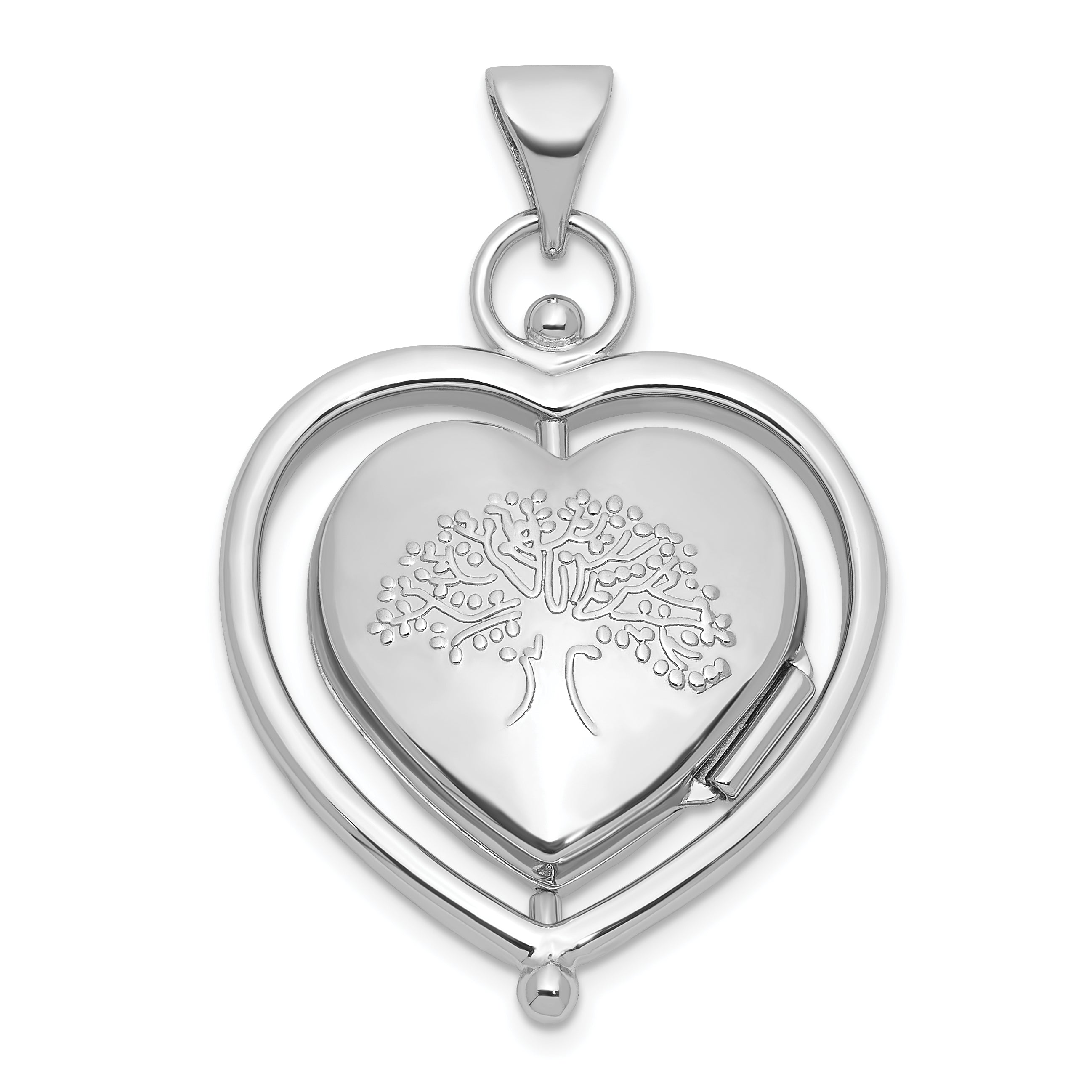 Sterling Silver Rhodium-plated Tree Of Life and Flowers in Spinning Frame Reversible 15mm Heart Locket Main image