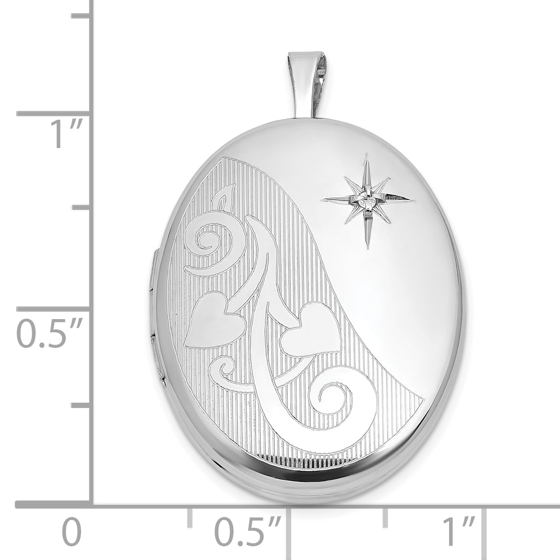 Sterling Silver Rhodium-plated Polished Front/Brushed Back 1/20 carat Diamond Hearts Swirl Design 26mm Oval Locket