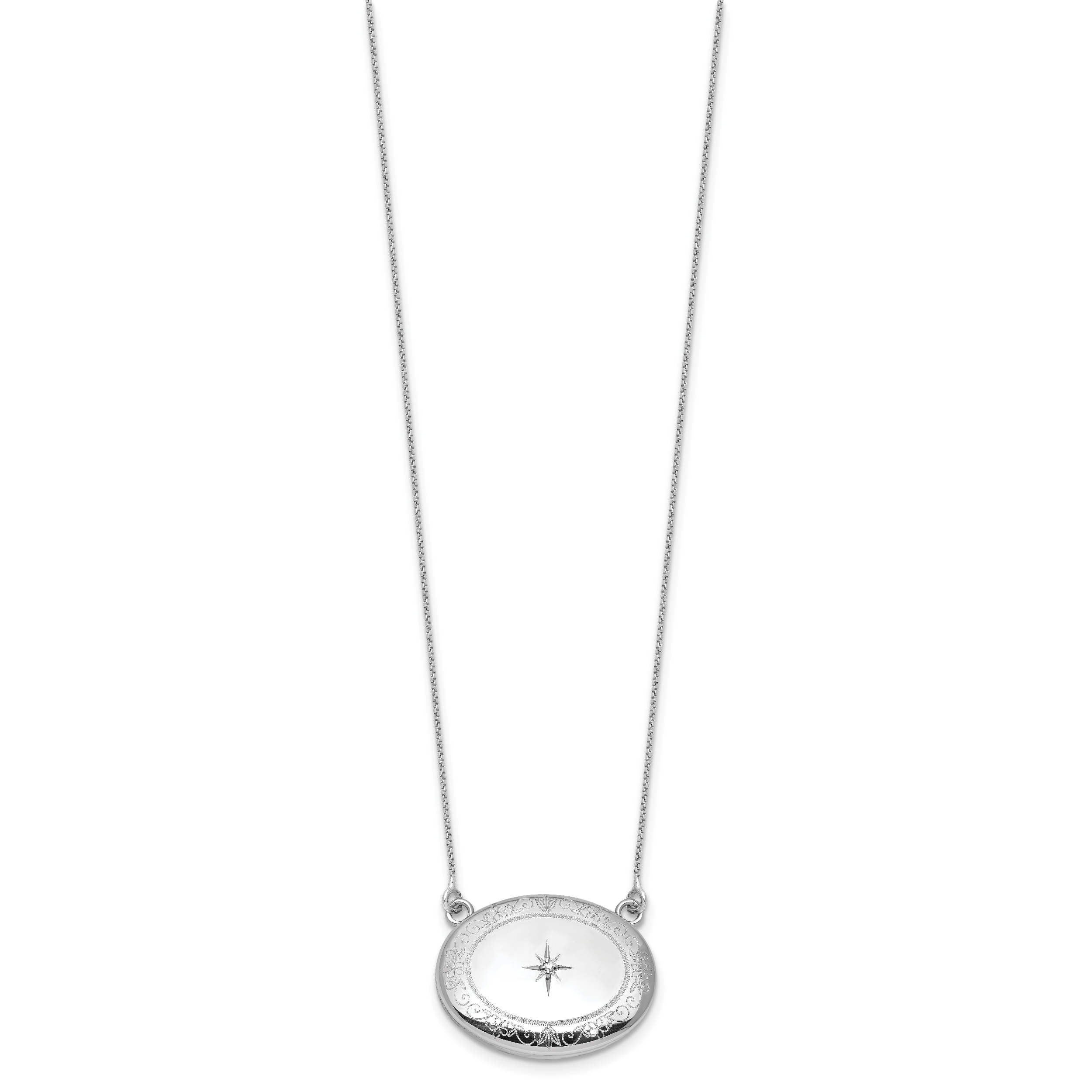 Sterling Silver Rhodium-plated Polished Front/Brushed Back 1/20 ct. Diamond Floral 18.75 inch with 2 inch ext. 20mm Oval Locket Necklace Secondary image