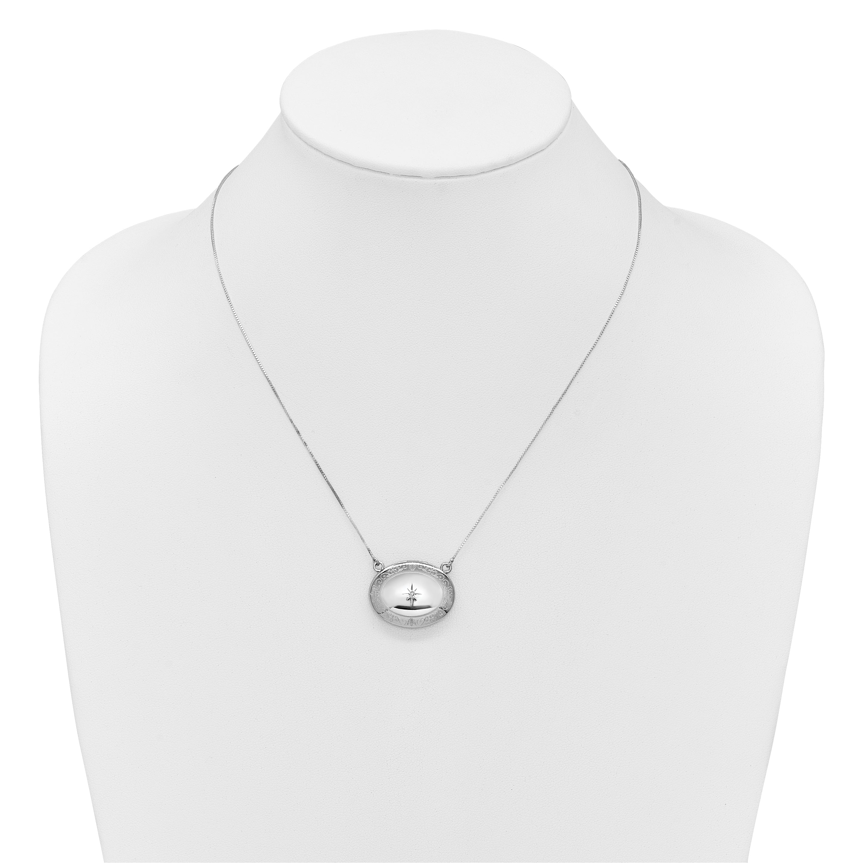 Sterling Silver Rhodium-plated Polished Front/Brushed Back 1/20 ct. Diamond Floral 18.75 inch with 2 inch ext. 20mm Oval Locket Necklace