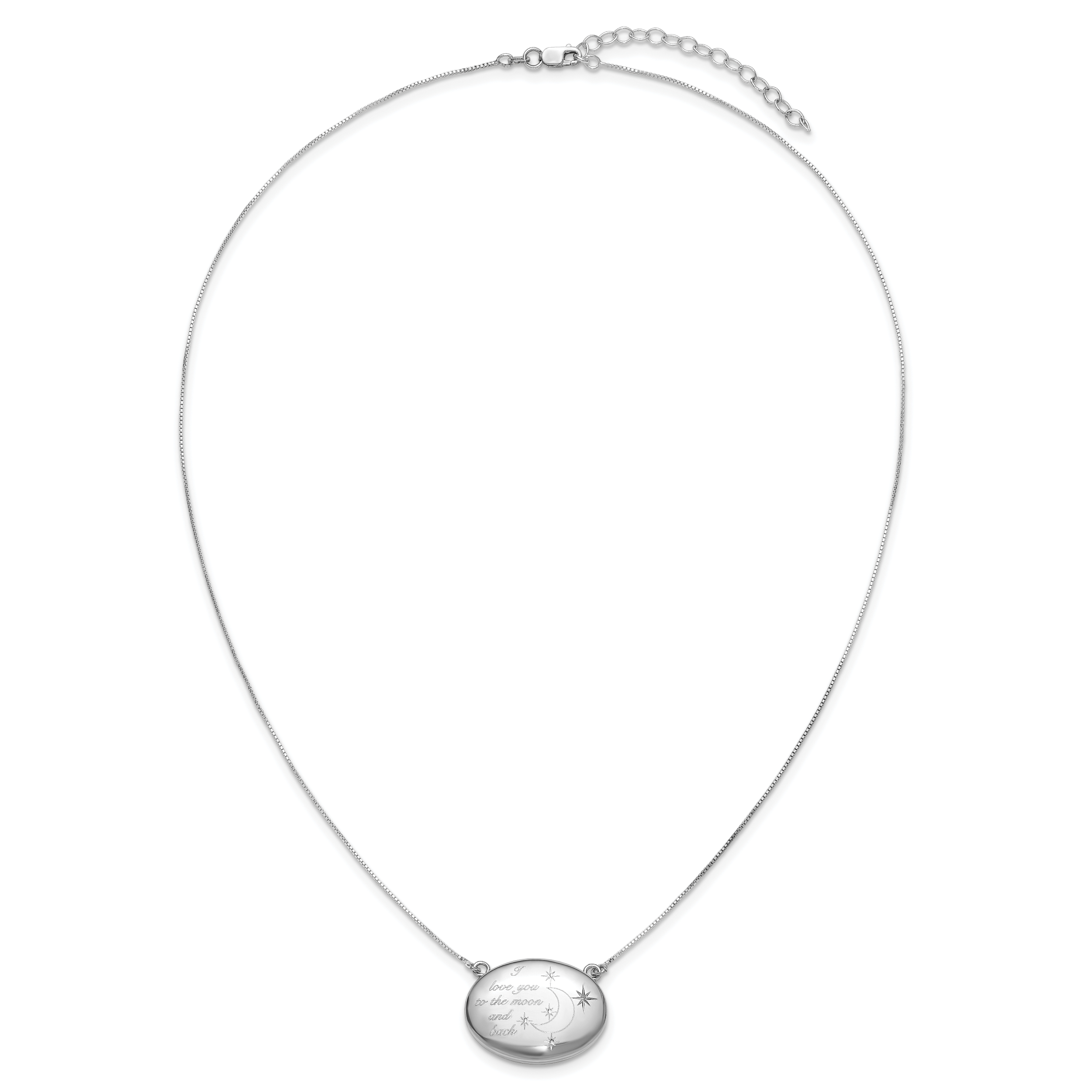 Sterling Silver Rhodium-plated Polished Front/Brushed Back Love To Moon and Back 18.75 inch with 2 inch ext. 20mm Oval Locket Necklace