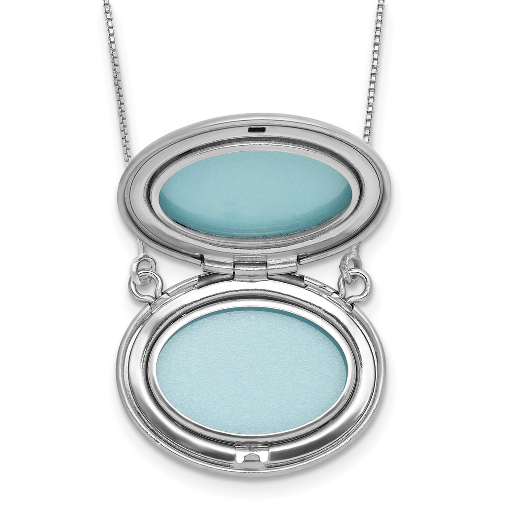 Sterling Silver Rhodium-plated Brushed/Polished Pink and Green Epoxy MOM Rose 18.75 inch with 2 inch ext. 20mm Oval Locket Necklace
