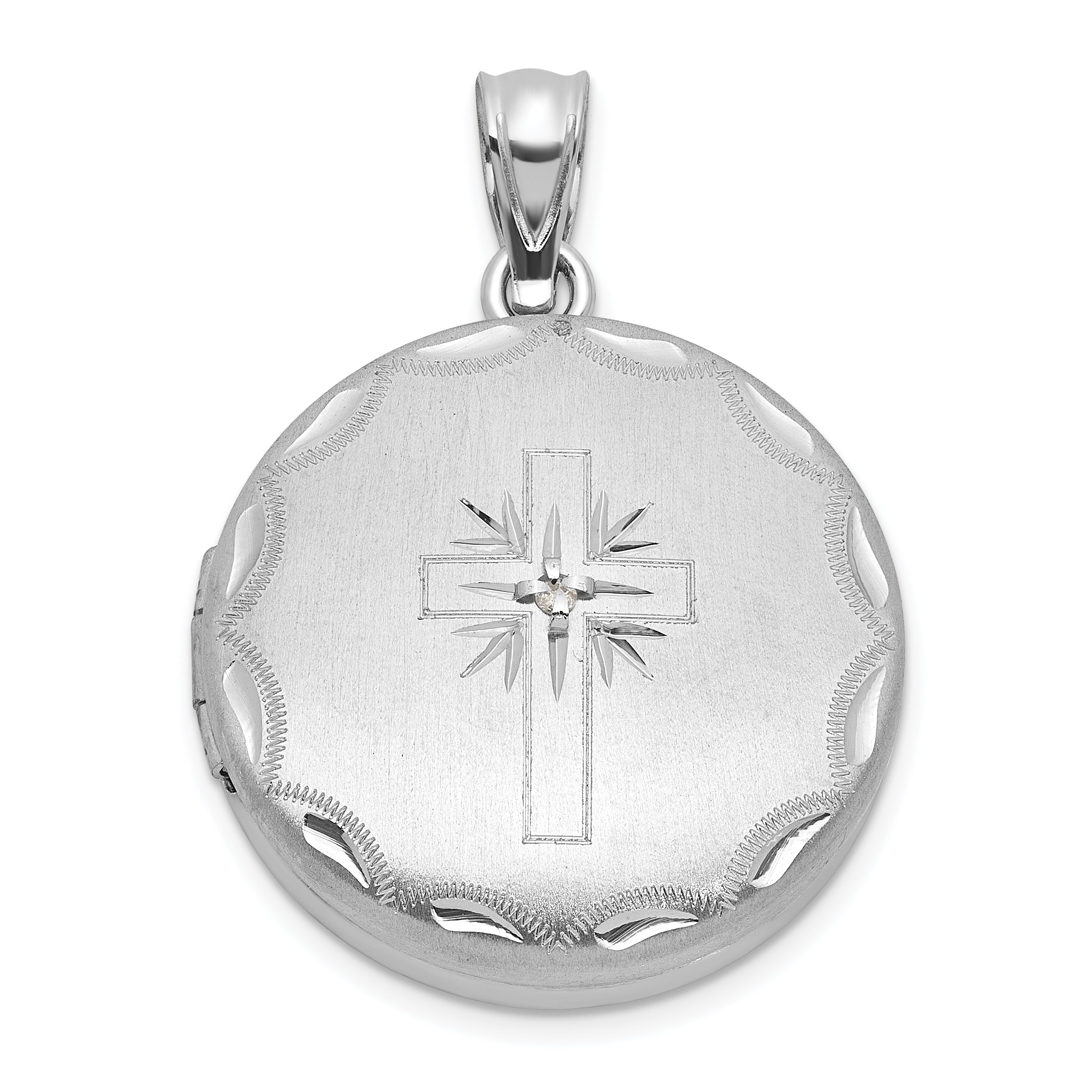 Sterling Silver Rhodium-plated Brushed Diamond-cut with 1/20 carat Diamond Cross 20mm Round Locket Main image
