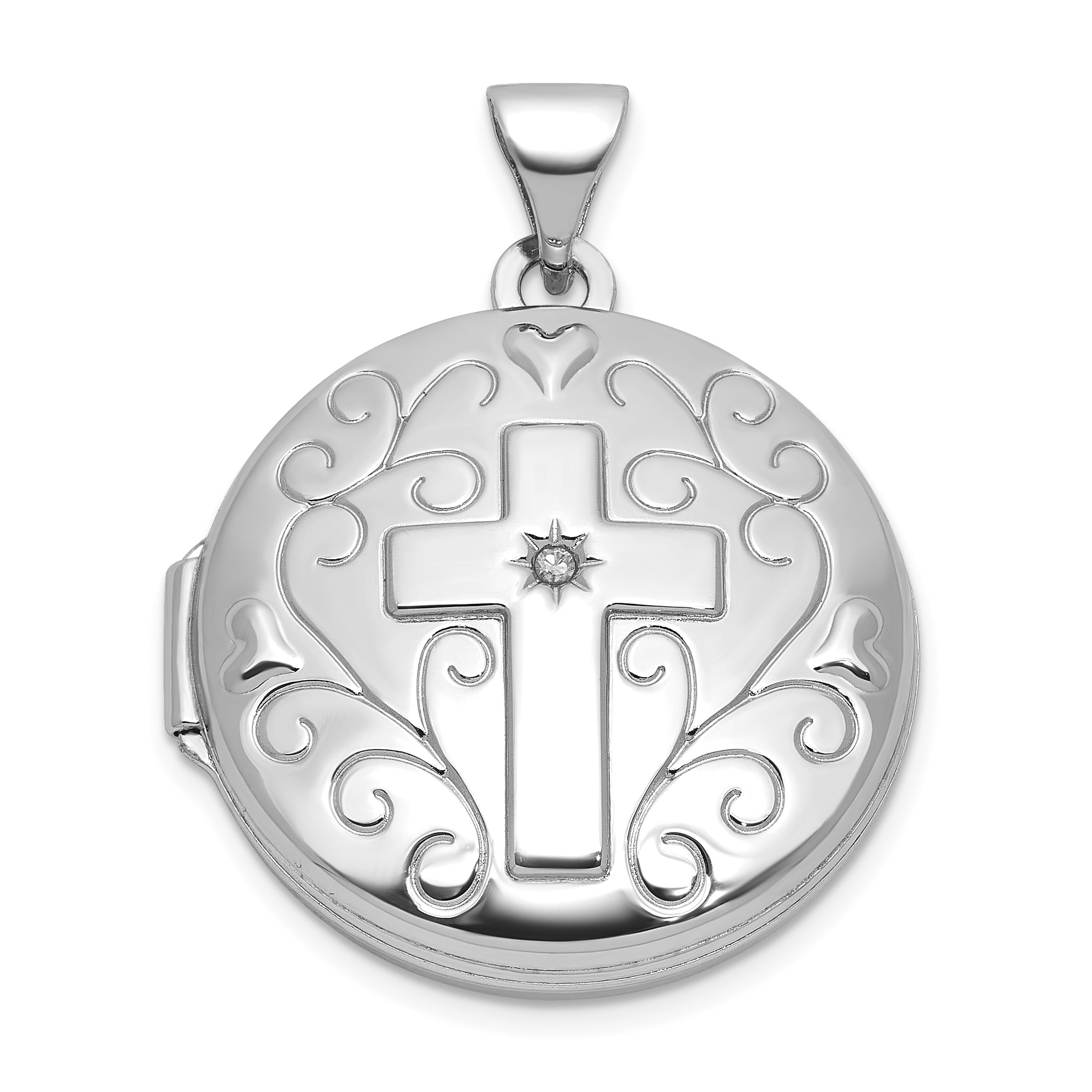 Sterling Silver Rhodium-plated Half Point Diamond Cross 20mm Scrolled Round Locket Main image