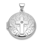 Sterling Silver Rhodium-plated Half Point Diamond Cross 20mm Scrolled Round Locket