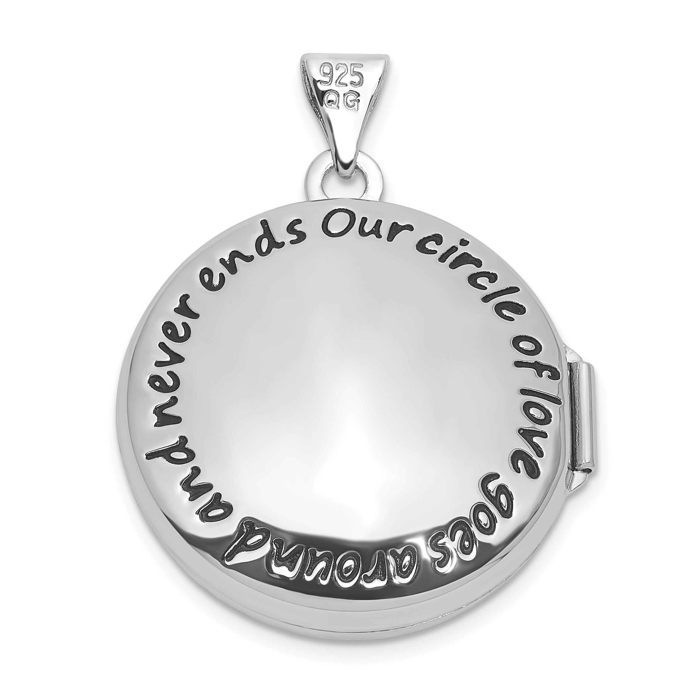 Sterling Silver Rhodium-plated OUR CIRCLE OF LOVE GOES AROUND AND NEVER ENDS Reversible 20mm Round Locket