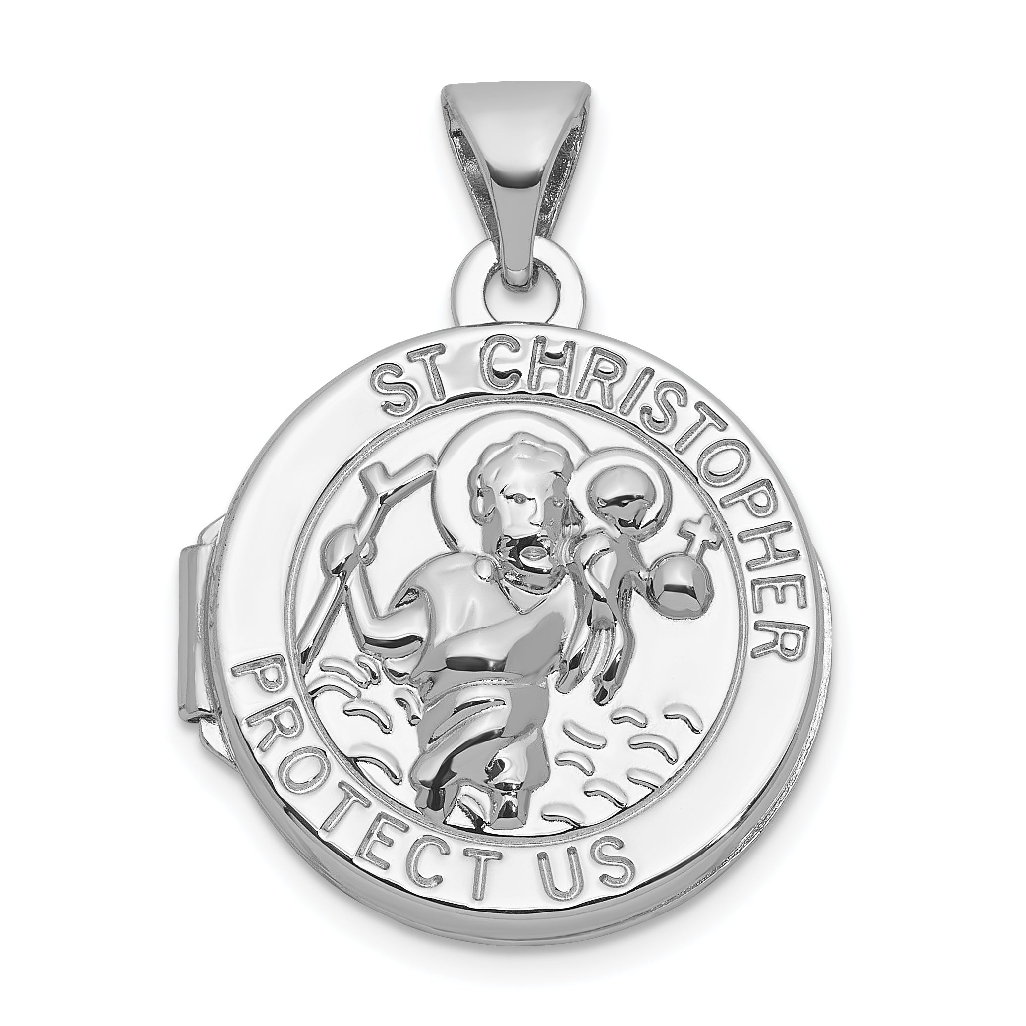 Sterling Silver Rhodium-plated Saint Christopher Protect Us 16mm Round Locket Main image