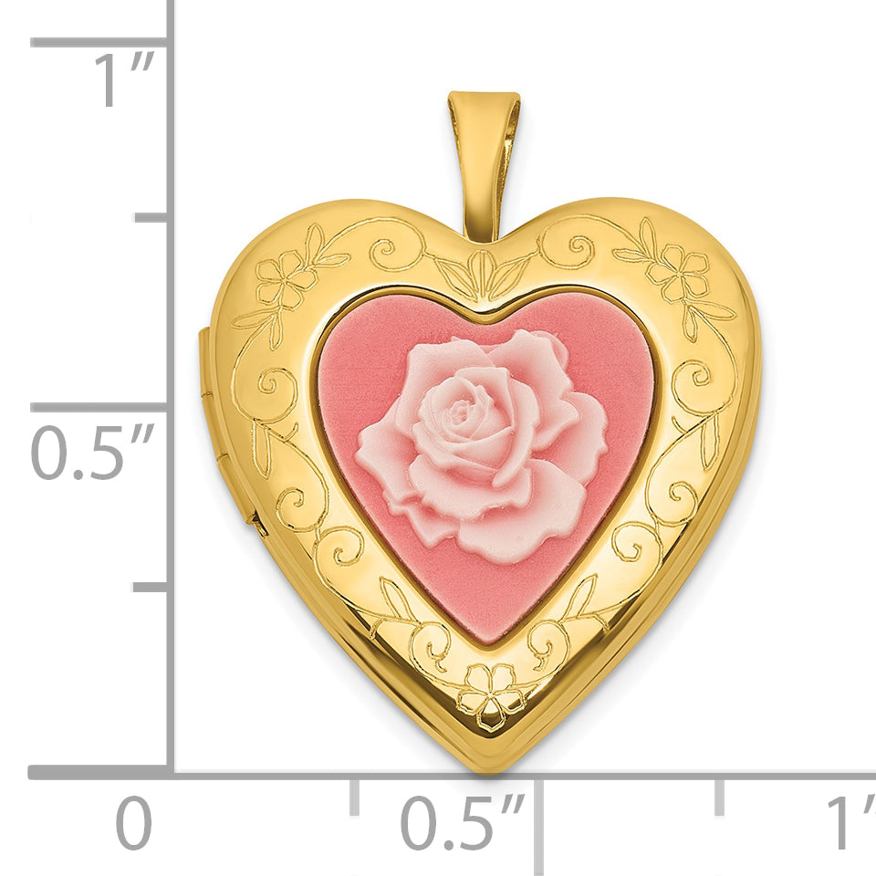 Sterling Silver Gold-plated Polished Front/Brushed Back Pink Rose Resin Cameo 20mm Heart Locket