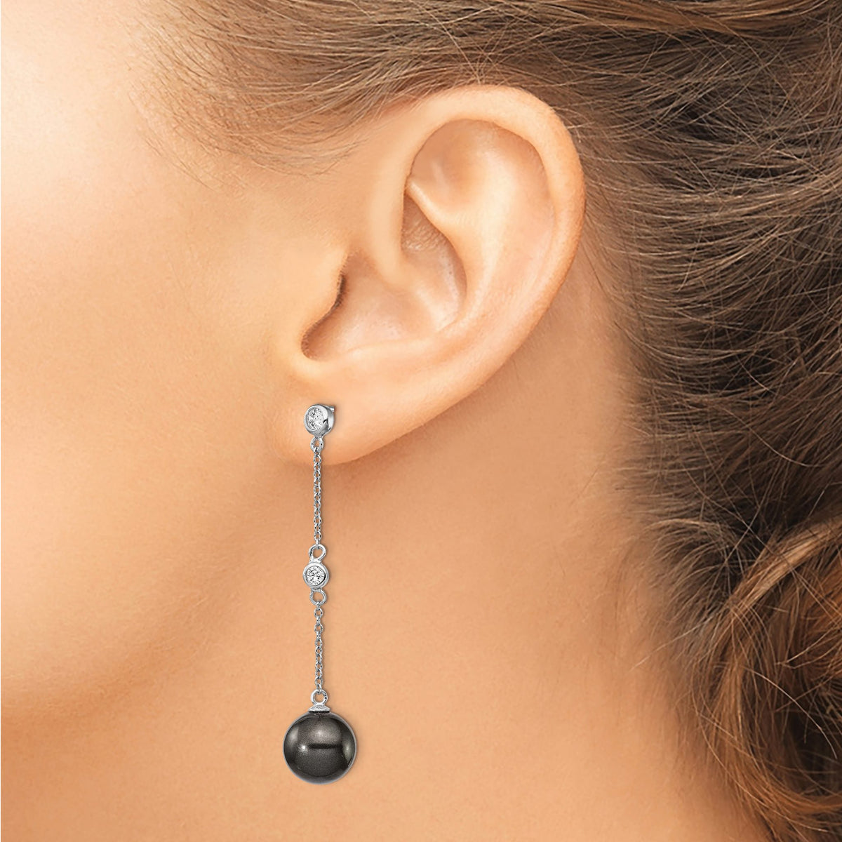 Cubic Zirconia & Black Pearl Dangle Earrings in Sterling Silver, 10-11mm - Sophia Jewelers