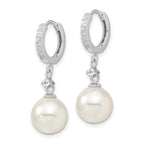 Majestic Sterling Silver Rhodium-plated 10-11mm White Imitation Shell Pearl CZ Hinged Hoop Dangle Earrings
