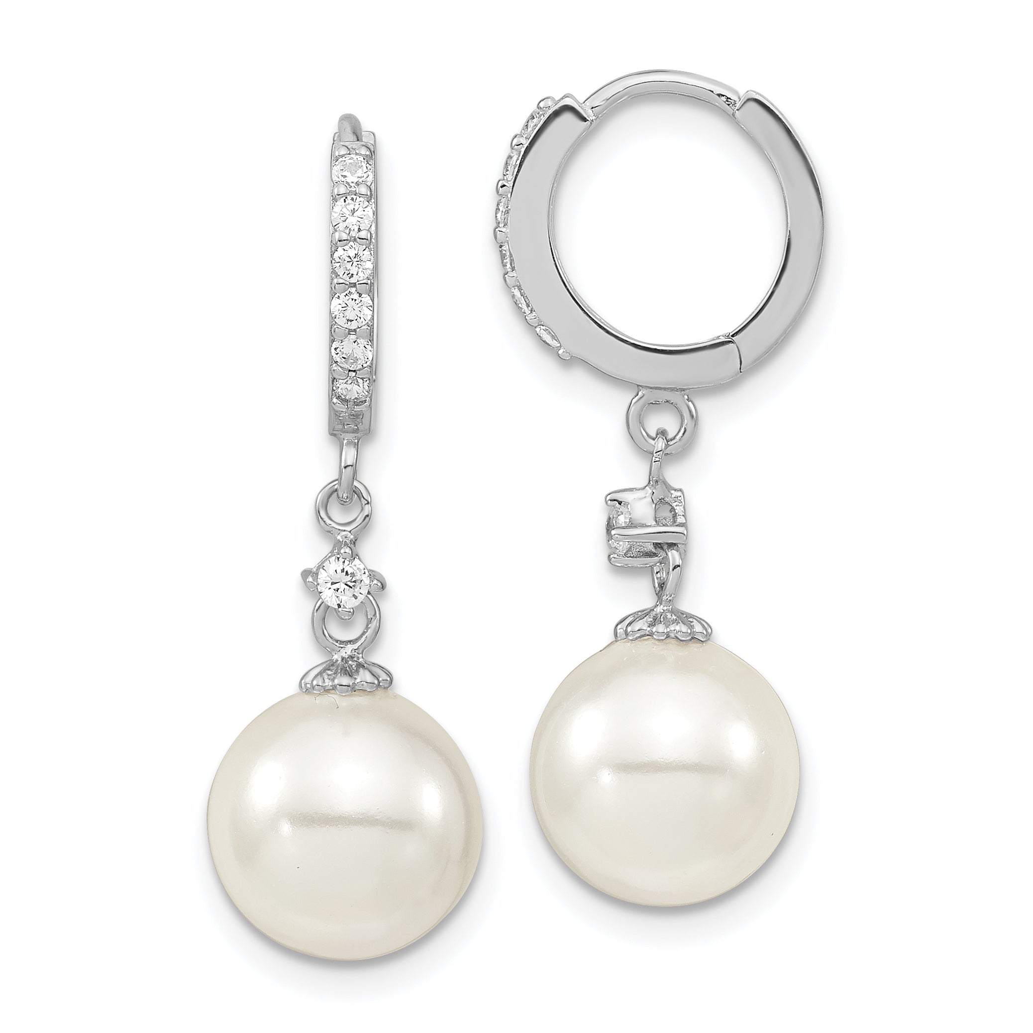 Majestic Sterling Silver Rhodium-plated 10-11mm White Imitation Shell Pearl CZ Hinged Hoop Dangle Earrings Main image
