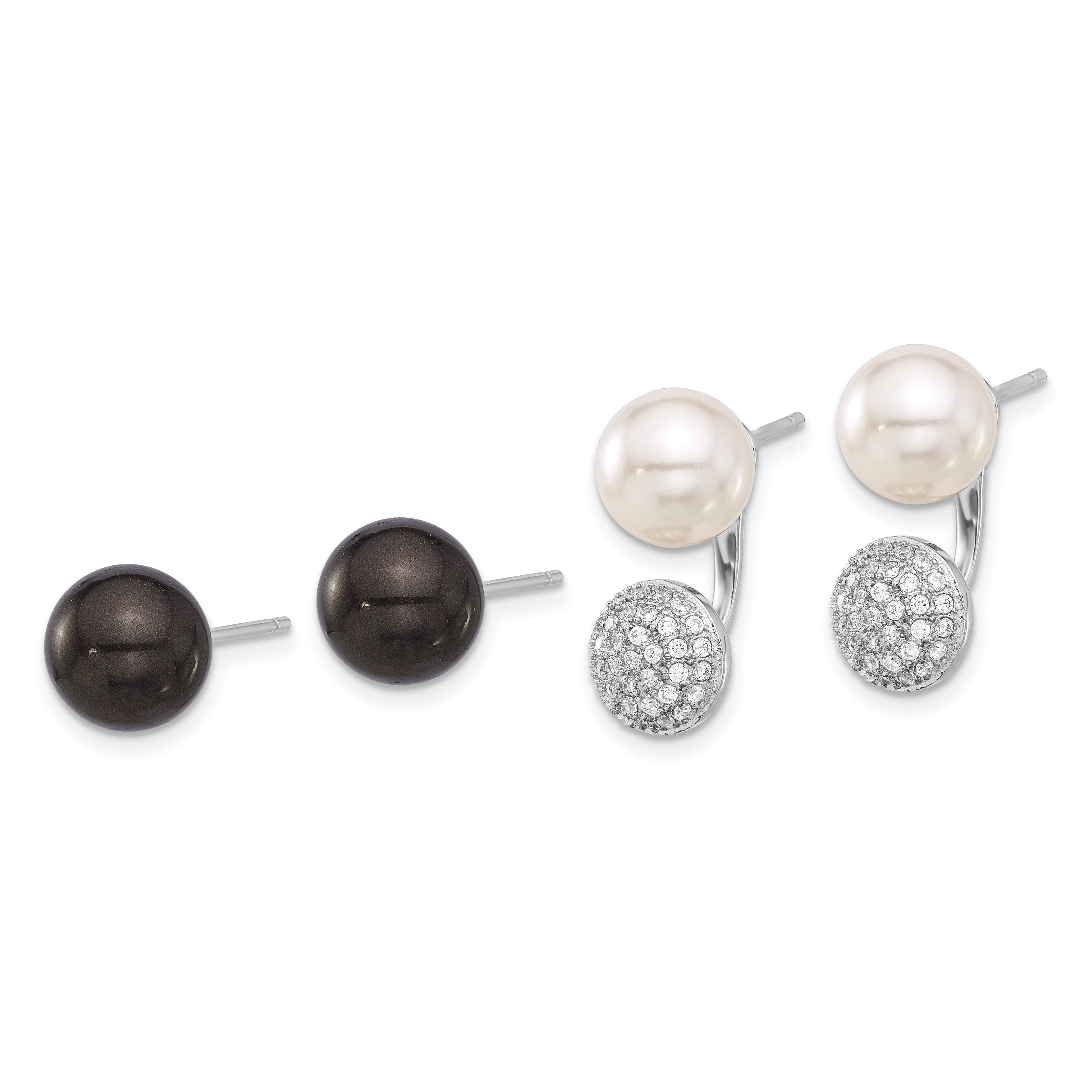 SterlingS Majestik RH-pl 8-9mm Wht/Blk Imit Shell Pearl CZ Post Earring Set