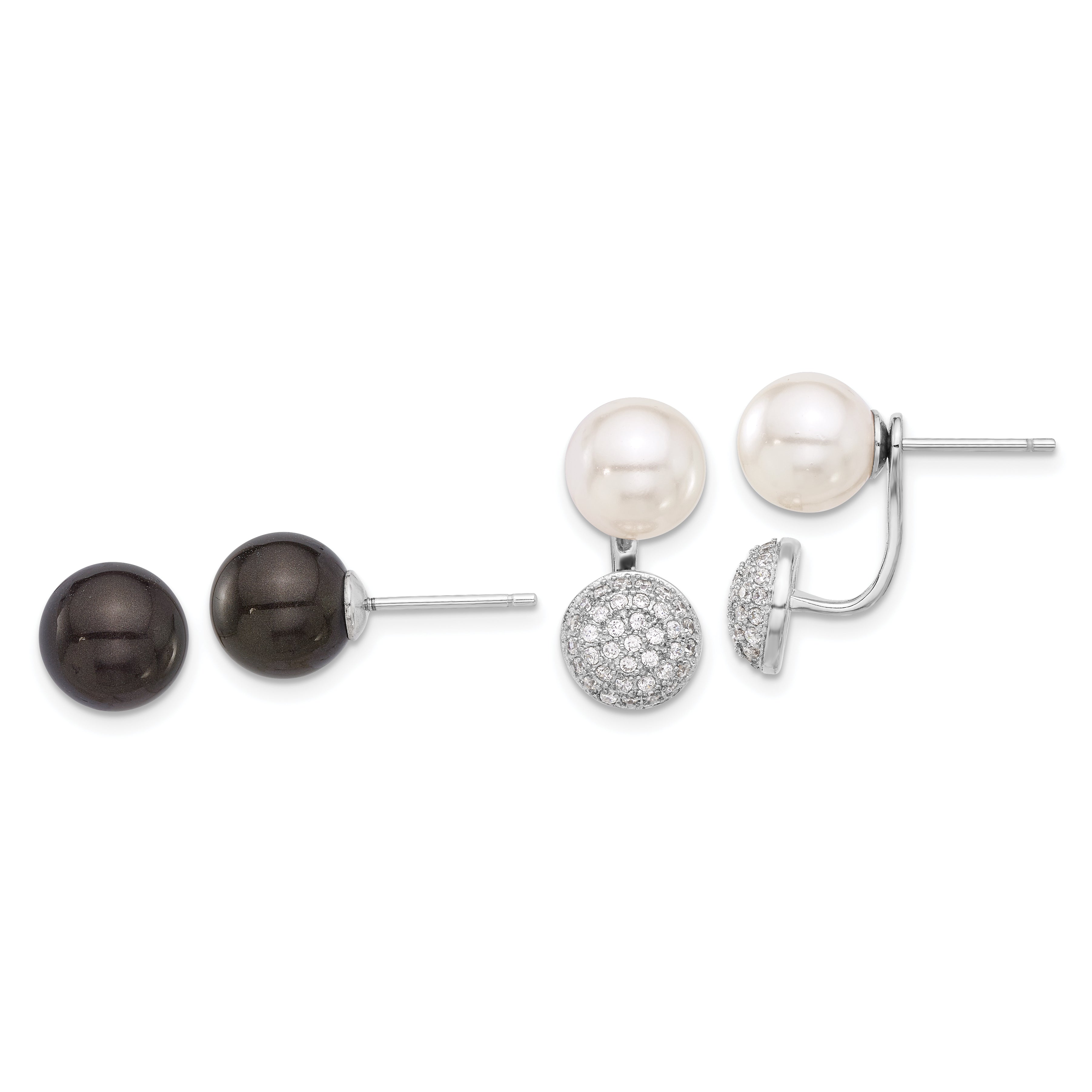 SterlingS Majestik RH-pl 8-9mm Wht/Blk Imit Shell Pearl CZ Post Earring Set Main image