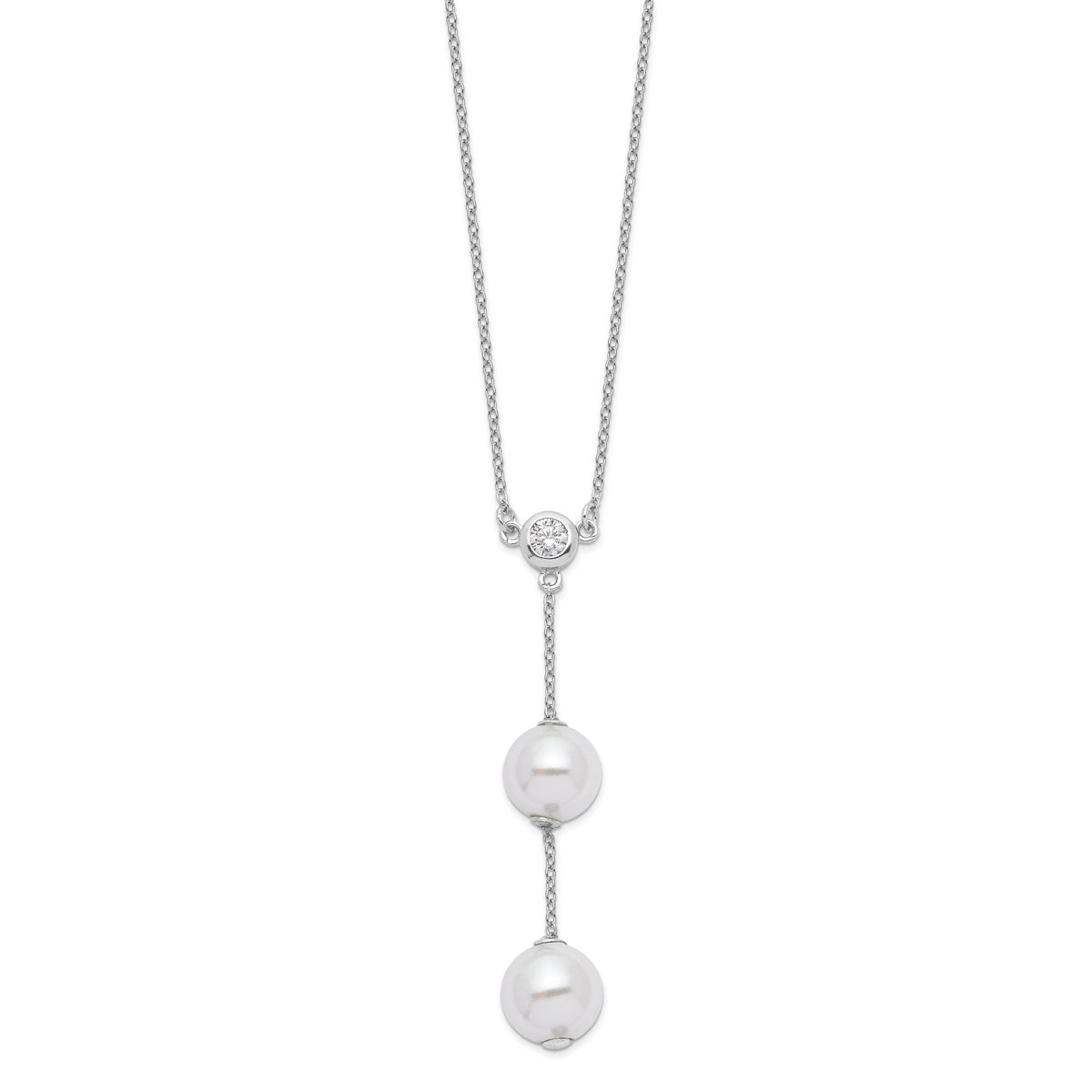 Majestic Sterling Silver Rhodium-Rhodium-Plated 10-11mm White Imitation Shell Pearl CZ Y-Drop Spring Ring Clasp 18 inch Necklace